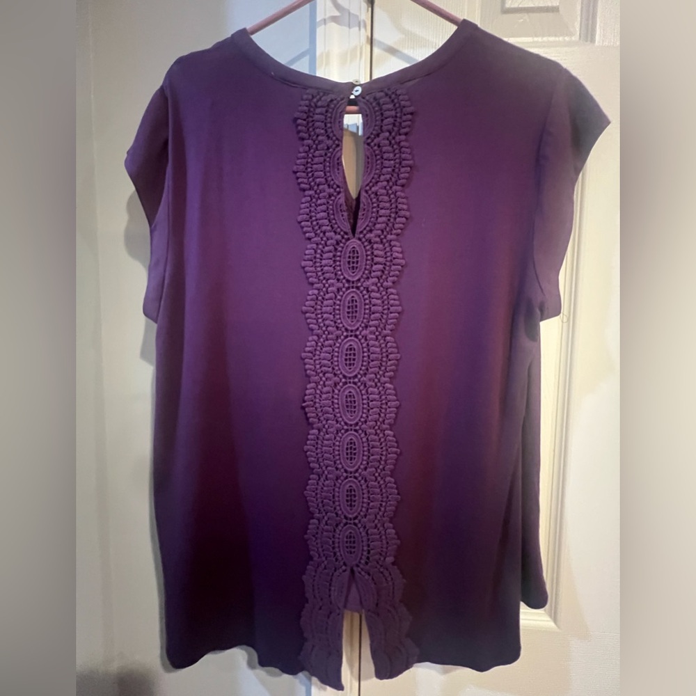 Daniel Rainn Quinn Keyhole Crochet Blouse Deep Purple with Lace Detail - Picture 2 of 7